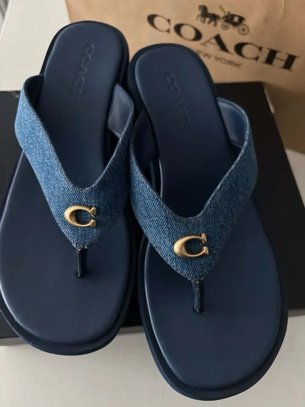 Coach Sculpted C Platform Flip Flop Sandals in Deep Blue Denim